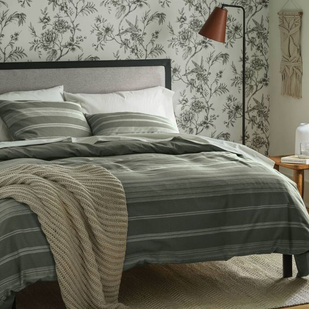 Full/Queen Cotton Woven Stripe Duvet Cover & Sham Set Moss Green/White - Picture 4 of 4